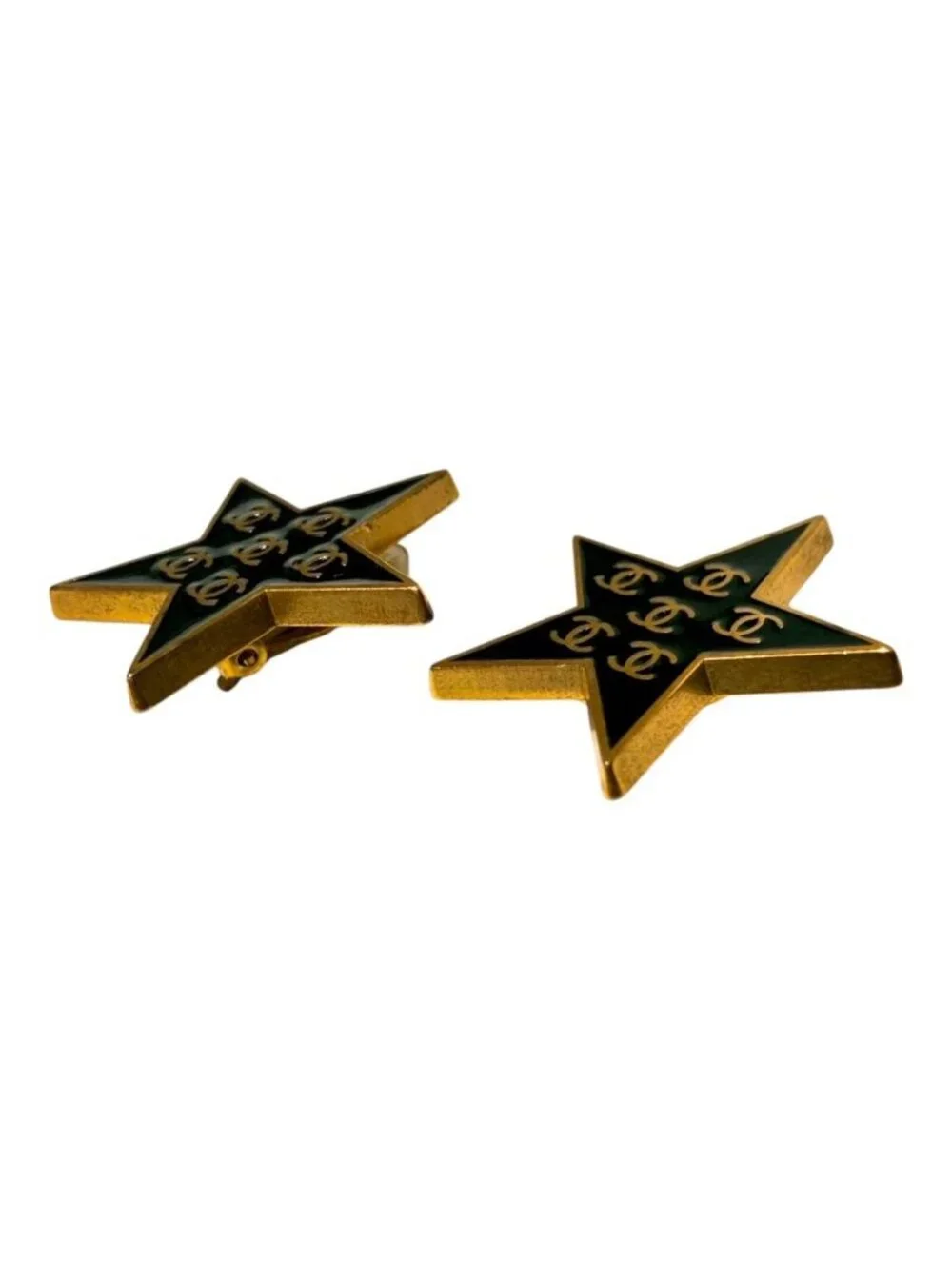 Chanel 01P CC Logo Star Black Gold Vintage Earrings Metal
